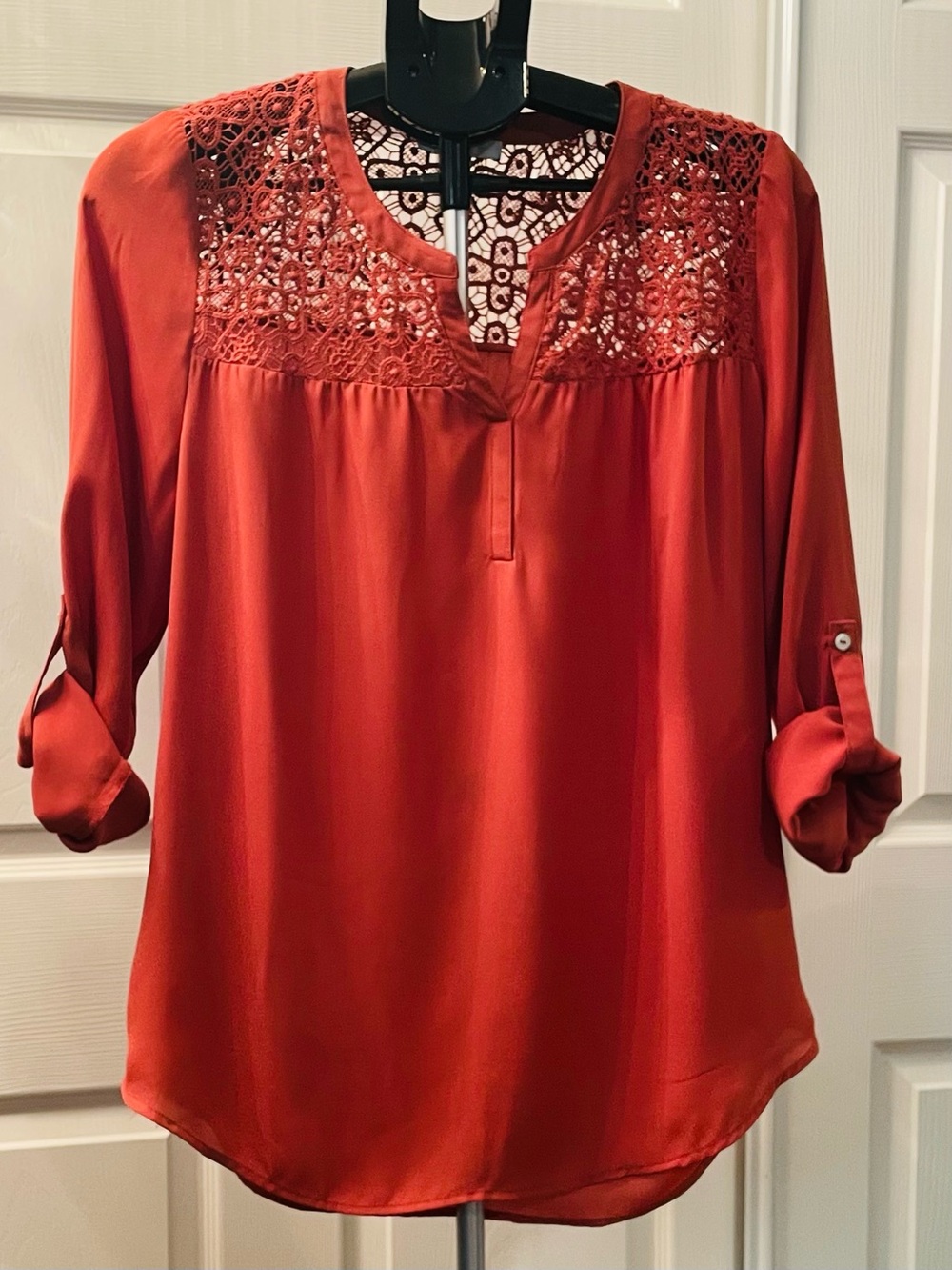 Women’s Lace-Yoke Burnt Orange Blouse